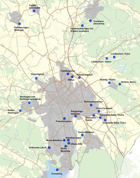 Karta över de öppna dagvattenanläggningarna i Uppsala kommun.